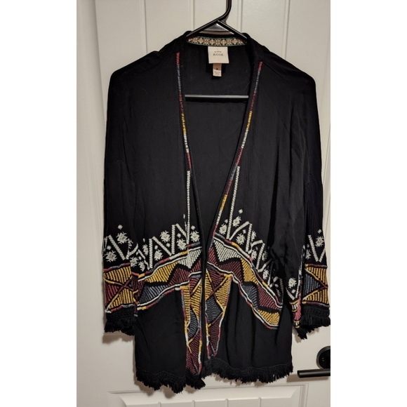 Knox Rose Size medium boho embroidered open kimono fringe black - Picture 2 of 7